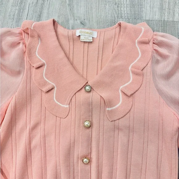 NWOT Pink V-Neck Bib Collar Sweater with Pearl Buttons Sheer Sleeves Size Small - Picture 2 of 6